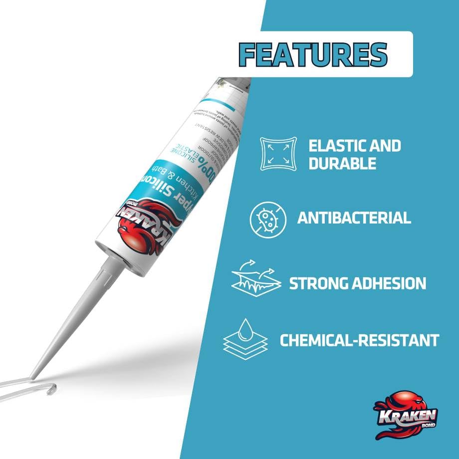 Miniatura 3 de Kraken Bond Sellador de silicona negro resistente al agua Cartucho de 100 a 10 onzas líquidas, RTV silicona para baño y cocina, todo uso, sellador