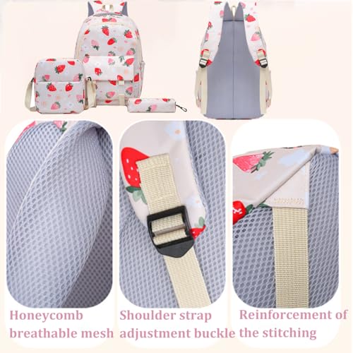 3Pcs Set Cute Strawberry Backpack for Girls, Large Capacity Nylon Rucksack Daypack with Strawberry Pattern (Beige)4