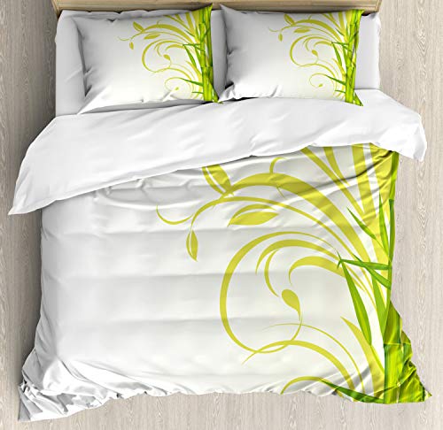 Ambesonne Green Duvet Cover Set, Exotic Tree Branches with Floral Curly Leaves Asian Calm Garden Vibes, Decorative 3 Piece Bedding Set with 2 Pillow Shams, California King, Lime Green and Pale Green