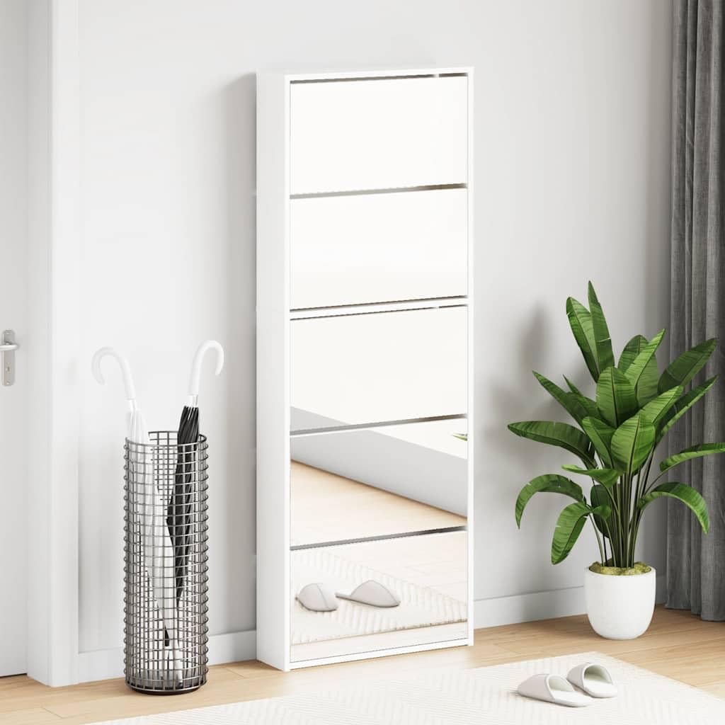 Zapatero con espejo con 5 compartimentos plegables, color blanco brillante para 15-20 pares de zapatos, volquete estrecho de madera para pasillo y entrada, 63 x 17 x 169,5 cm