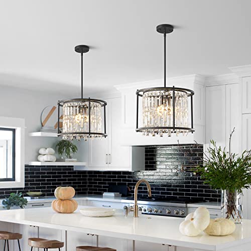 Image of LMQNINE Modern Foyer Chandelier, Black Crystal Chandelier Entryway Pendant Light Fixture, Round Adjustable Height Chandeliers for Kitchen Island, L15.74'' x H10.43''