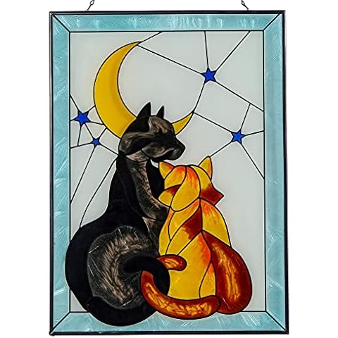 Qipade Stained Glass Window Hanging, Cat & Dog Stained Glass Panels with Metal Chain Hand-Painted Suncathcer for Wall Home Decoration, Gifts for Lover Mom Grandma 11×15” Cover