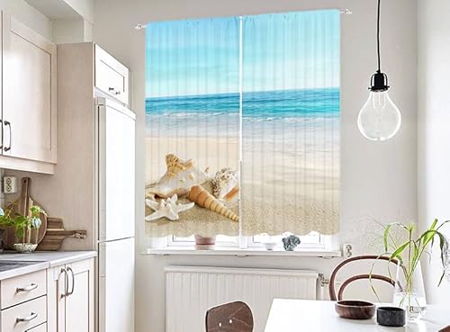 Iffvgx Ocean Kitchen Curtains 27.5(W) X39(H) Rod Pocket Beach Sand Waves Sealife Marine Design With Shells Hot Summer Sun Holiday Print, Window Drapes 2 Panel Set For Kitchen Cafe Decor #TOP3