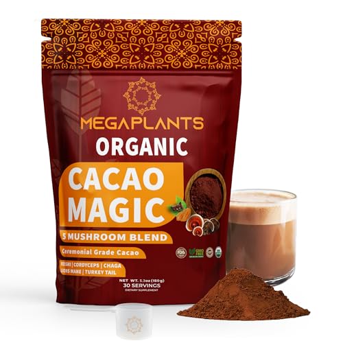MEGAPLANTS Cacao Magic | Delicious Superfood 5 Mushroom Cacao Powder | Coffee Alternative Mushroom Hot Chocolate for Focus, Clarity, Mood & Energy | Perfect for Lattes, Smoothies and Baked Desserts