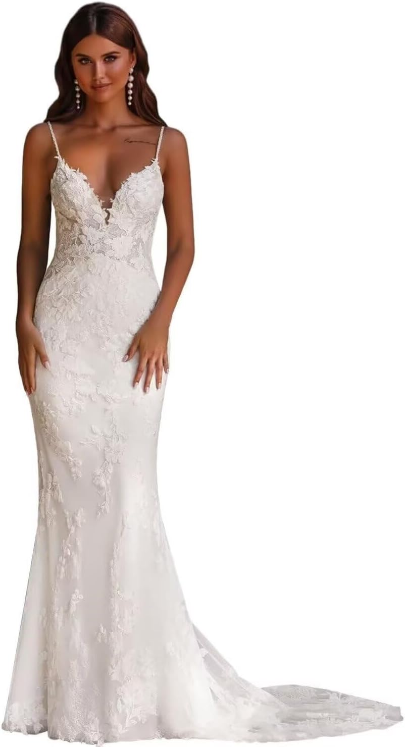 Mermaid Wedding Dresses for Bride Lace Beach Tulle Applique V-Neck Spaghetti Straps Boho Bridal Dress for Bride with Train