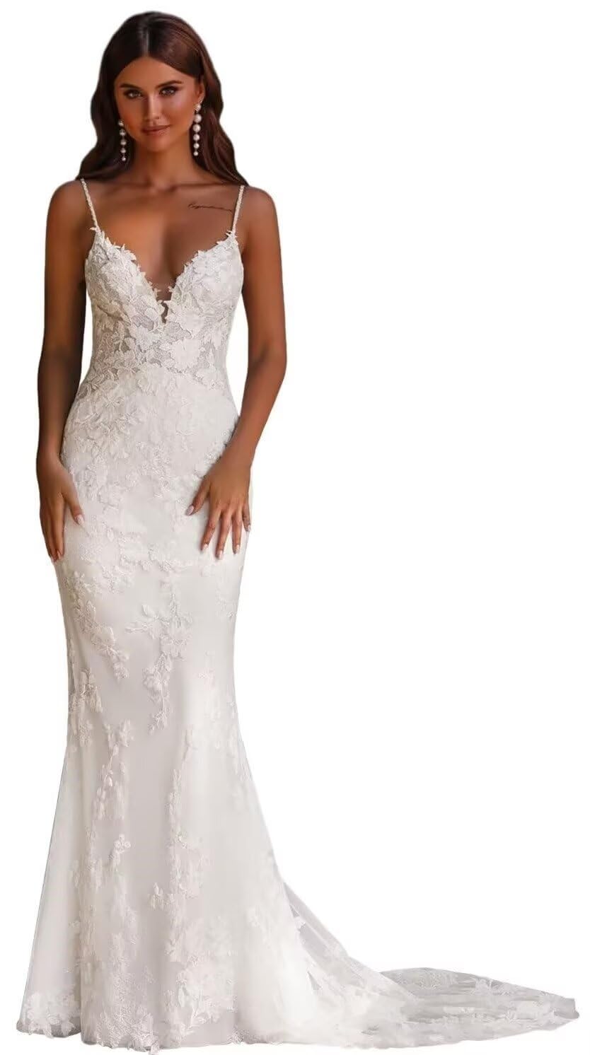 Mermaid Wedding Dresses for Bride Lace Beach Tulle Applique V-Neck Spaghetti Straps Boho Bridal Dress for Bride with Train