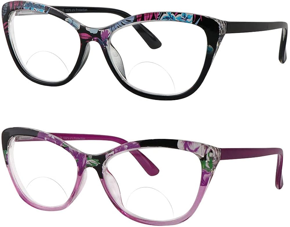 Hyyiyun 2 Pairs Cat-eye Bifocal Reading Glasses Women With Spring Hinge, Designer Floral Printed Frame Readers