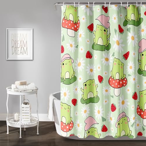 AILONEN Cute Frog Shower Curtain for Bathroom, Kawaii Strawberry and Frog Bath Curtain,Mushroom Frog Kids Girls Waterproof Curtain with 12 Plastic Hooks(48