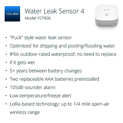 Image of YoLink Water Leak Detector 4 with 105dB Audio Alarm, Freeze Warning, App Push, Email Alerts and Limited Text - Smart Water Sensor Alarm w / Alexa, IFTTT - 1 /4 Mile Long Range, Hub Required