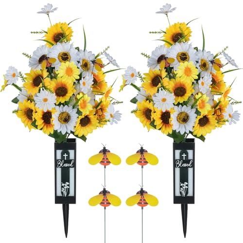 Artificial Cemetery Flowers for Grave: 2 Pc Yellow White Sunflower Grave Flower Bouquets for Cemetery Decorations - Spring Outdoor Gravesite Flowers with Vase image 2