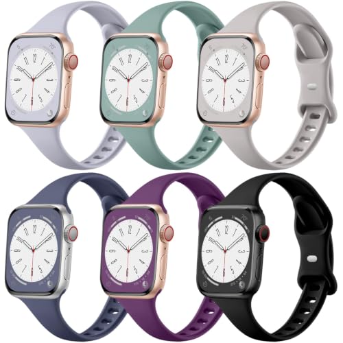 Image of Lerobo 6 Pack Silicone Slim Bands Compatible for Apple Watch Band for Women 42mm 44mm 45mm 46mm, Brethable Sport Slim Strap Thin Replacement Wristband for iWatch Series 11 /10 /9 /8 /7 /6 /5 /4 /SE /3 /2 /1