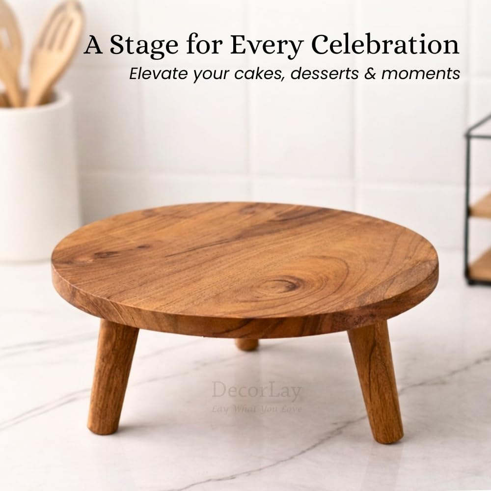 Decorlay Acacia Wood Round Footed Serving Board | Removable-Leg Pedestal Riser Cake Stand | Charcuterie, Cheese, Bread, Fruit & Vegetable Platter Tray 3