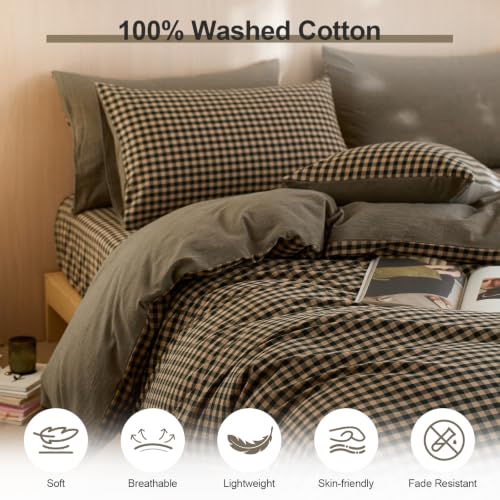 Image of EAVD Vintage Style Plaid Duvet Cover Set Full Soft 100% Washed Cotton Retro Black&Beige Grid Checkered Bedding Set with 2 Pillowcases Neutral Gingham Plaid Comforter Cover with Zipper Closure