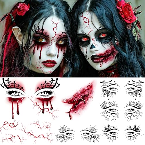 7 Sheets Scary Face Tattoos Halloween Temporary Tattoos Eyelid Eyeliner Eye Shadow Sticker, Realistic Spiderweb Blood Vessel Fake Scar Bleeding Eye Tattoos Halloween Costume Zombie Witch Makeup Kit
