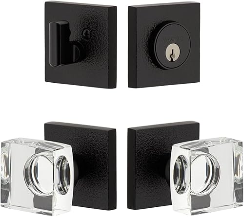 Viaggio Juego de entrada negro satinado 628759 Roseta de cuero con pomo de cristal cuadrado y cerrojo a juego, juego de fondo 2-38"