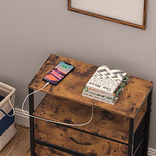 Ponrol 23”L*11”W*25”H Rustic End Table With Charging Station & Usb Ports, Entryway Narrow Side Console Table For Living Room, Nightstand With Fabric Drawer Storage Shelf Sofa Table For Bedroom, Brown #TOP5
