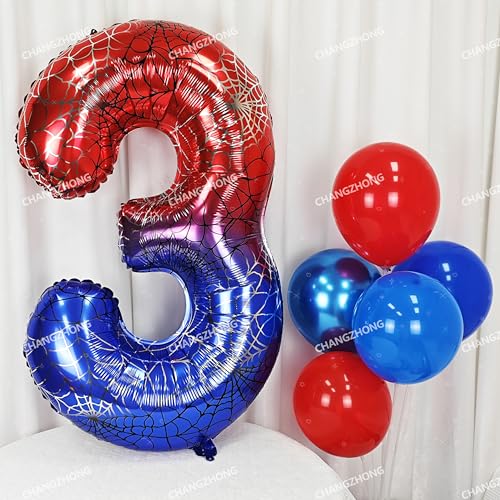 Image of 40 In Red And Blue Spider Theme Large Number 7 Balloon | Giant Large Helium Foil Balloon for Boy or Girl 7 th Birthday Wedding Anniversary Baby Shower Party Decorations
