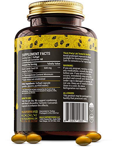 MAJU's Black Seed Oil Capsules - Cold Pressed, 3X% Thymoquinone, 100% Turkish Black Cumin Nigella Sativa Seed Oil, Organic BSO, Non-GMO, 100% Liquid Pure Blackseed Oil