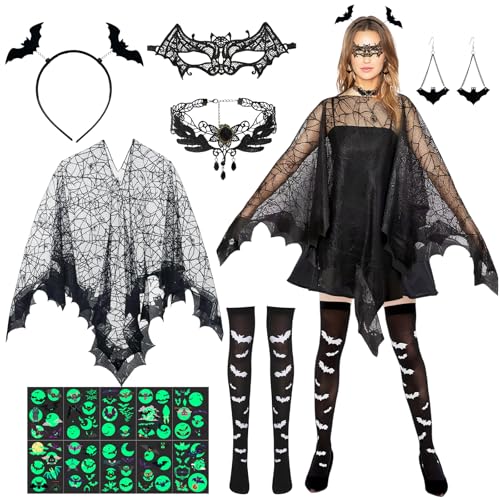 Disfraz Murcielago Mujer, 7 Piezas Halloween Disfraz Mujer, Capa Disfraz Mujer Araña con Antifaz Encaje, Diadema Murcielago, Luminosos Tatuajes, Complementos Halloween para Carnaval Cosplay Fiesta