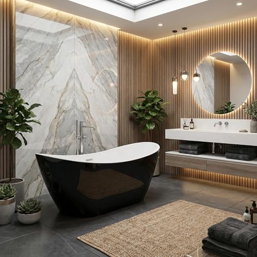 GarveeTech 59 Inch Acrylic Freestanding Bathtub,Black Outside White Inside Soaking Tub with Chrome Overflow and Drain, CUPC Certified Contemporary Stand Alone Tub
