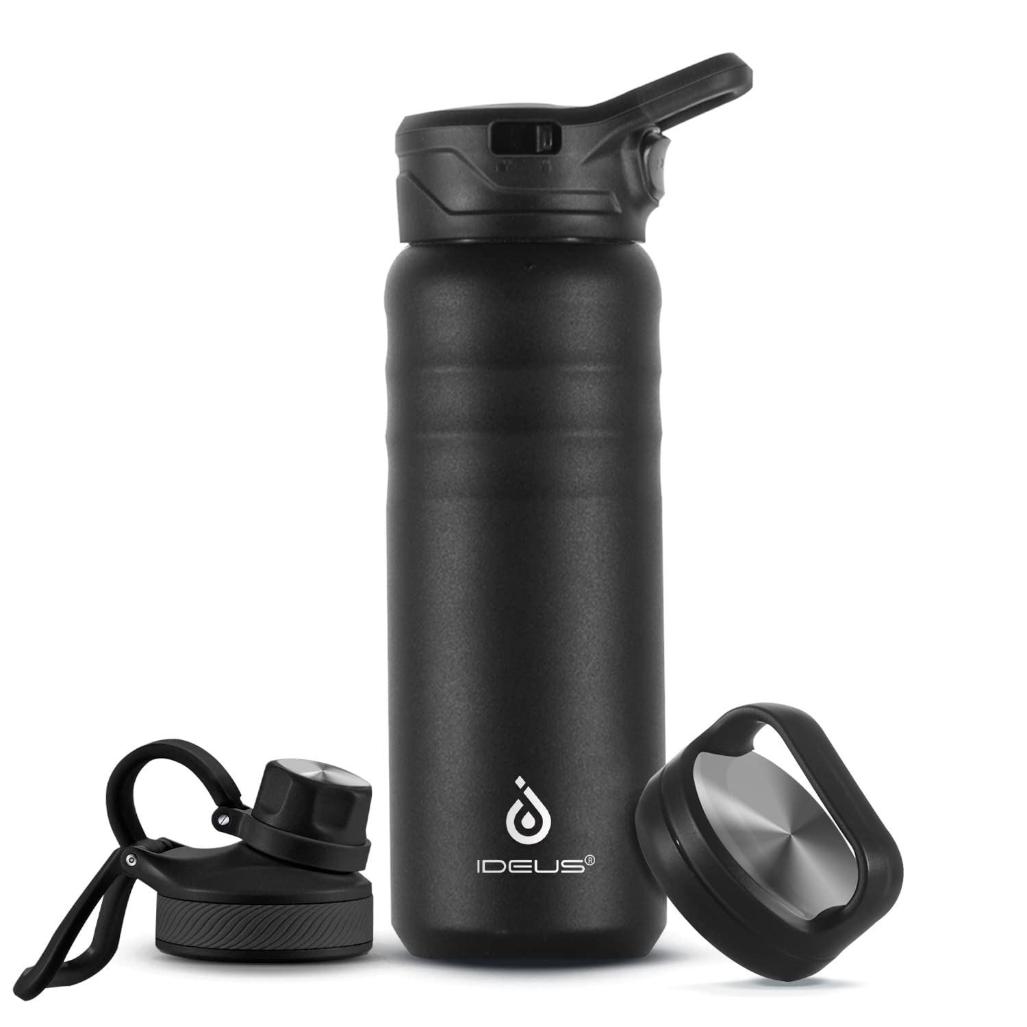 IdeusInsulated Stainless Steel Water Bottle with 2 Leak-Proof Lids, Thermal Water Flask for Hiking Biking, 24oz, Black