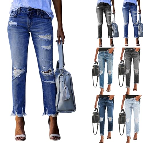 Women Capri Jeans Mid Waisted Ripped Boyfriend Jeans Straight Leg Cropped Jean Raw Hem Distressed Denim Pants