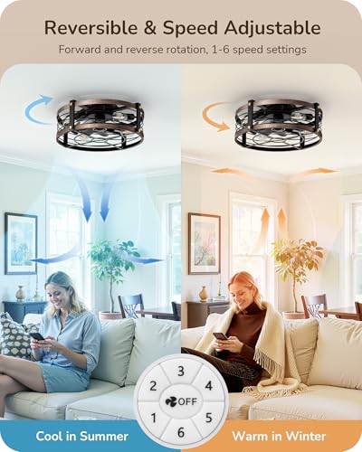 Image of EDISHINE 21 inch Pre-Assembled Ceiling Fans with Lights Flush Mount, 10%-100% Dimmable, Rustic Low Profile Caged Ceiling Fan with Remote, Small Farmhouse Fan Light Ceiling for Kitchen Bedroom Brushed Gold