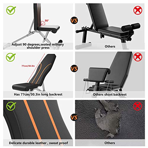 Weight Bench Adjustable Workout Bench for Home Gym Foldable Multi-Purpose Strength Training Benches, Flat/Incline/Decline Exercise Bench Press for Full Body Workout (Grey-orange)