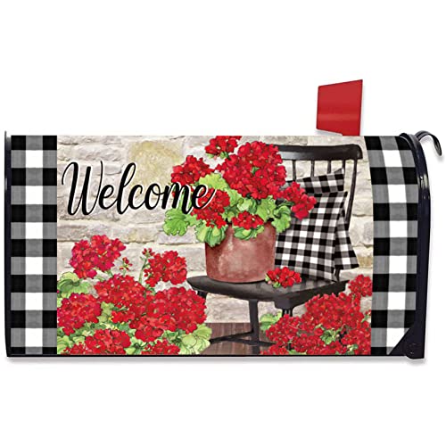 Image of Welcome Spring Geranium Flower Mailbox Cover Magnetic Standard Size 20.5 inch x 18 inch, Red Floral Buffalo Plaid Check Post Letter Box Wrap Decor Summer Farmhouse Garden Yard Outdoor Decoration