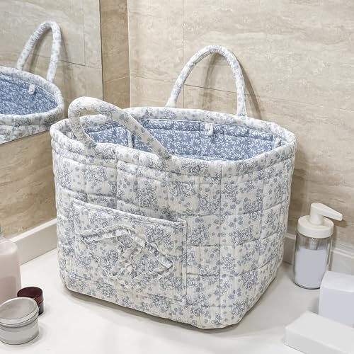 Image of Quilted Fabric Basket Foldable Car Storage Boho Floral Laundry Basket Hamper for Nursery Bedroom & Living Room | Organize Clothes Toys