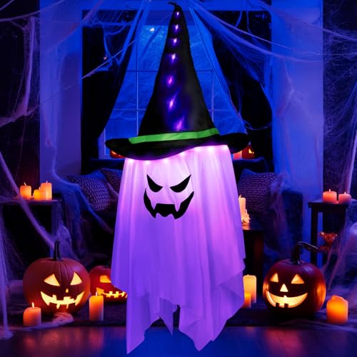 Halloween Deko Outdoor 105 cm Geist Dekoration zum Aufhängen mit 24 bunten LED-Lichtern（Batterien Enthalten）, Halloween Geist Windsack für drinnen und draußen, Garten, Party-Dekoration