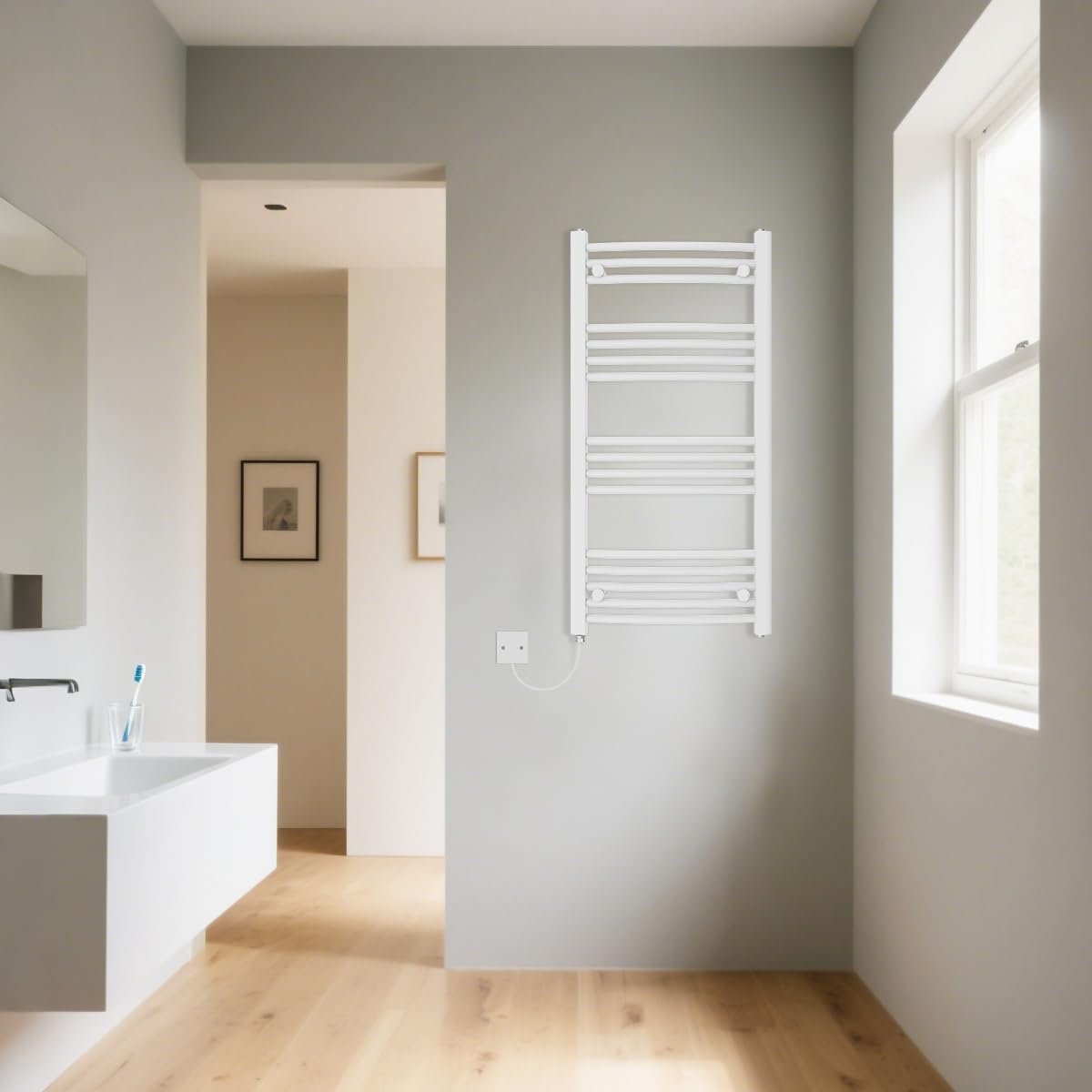 Warmehaus Manual Electric Heated Bathroom Towel Rail Warmer Curved White Radiator Rad Prefilled 1000X500mm 500W