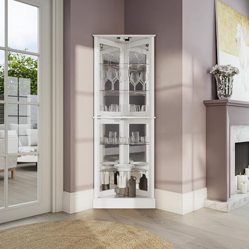Image of BELLEZE Lighted Accent Corner Display Curio Cabinet with Tempered Glass Doors and Shelves, Classic Wood Cabinet w /Bulb, Corner Curio Storage Rack for Living Room, Bed-Room and Kitchen (White)
