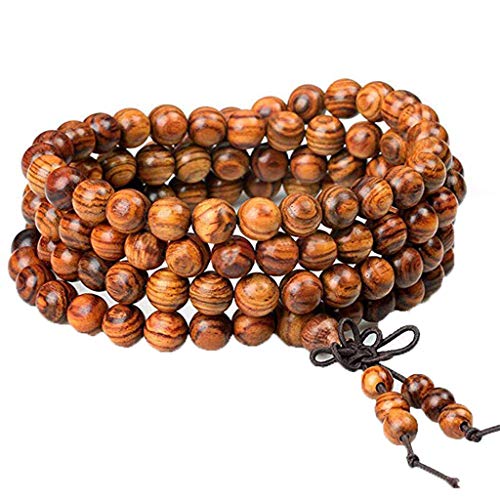 Wood Bracelet 108 Mala Bead Bracelets Buddhist Strand Wood Prayer Beads Sandalwood Link Wrist Necklace Chain for Men Women Chinese Knot Gift Jewelry (Brown)