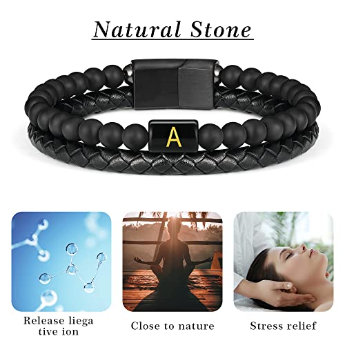 Beaded Leather Bracelet For Men, Mens Bracelets Beads Matte Agate Beaded Letter K Initial Bracelets For Mens Leather Bracelet Stress Relief Anxiety Bead Bracelet Mens Beaded Bracelets Jewelry Gifts #TOP6
