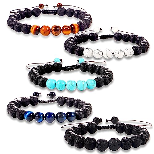 5PCS 8MM Lava Rock Stone Bead Bracelets For Men/Women, Adjustable Tiger Eye Bracelet，volcanized rock Bracelet Mens Jewelry Gifts for Dad Boyfriend Husband Brother3