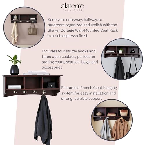 Image of Alaterre Furniture Shaker Cottage Wall-Mounted Coat Rack with 3 Storage Cubbies and 4 Hooks - Space-Saving Storage Rack and Wall Shelf Organizer for Entryway, Hallway, or Mudroom (Espresso Finish)