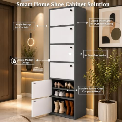 Image of EXVITO Modern Tall Shoe Cabinet, Wooden Flip Door Shoe Storage Cabinet, 5-Door Narrow Entryway Shoe Organizer with Multi-Tier Shelves, Space Saving Shoe Rack for Hallway, Apartment & Home - Black