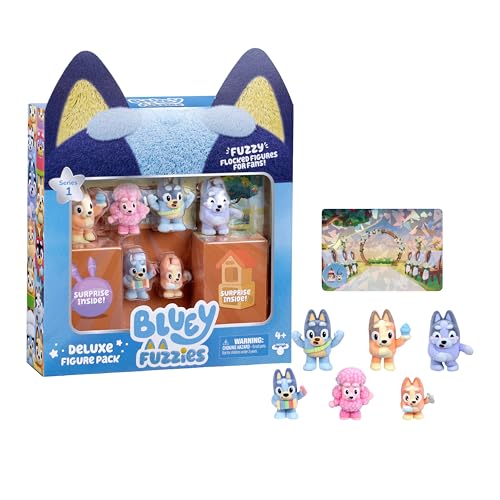 Bluey Fuzzies Deluxe Figure Pack. With 6 Specially Flocked Collectible Mini-Figures. Incl. 2 Surprise Figures (Blind Pack) Trading Card and Collectors Guide. 80 to Collect in Series 1!