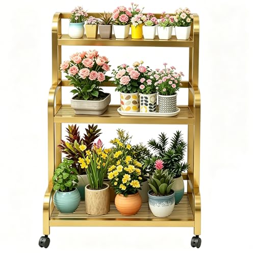 DMCHENGMA Estante para Plantas de 3 Niveles para Interior y Exterior, repisa escalonada para múltiples Plantas con Ruedas, estantería Vertical Moderna Resistente de Metal Dorado(50x40x107cm)