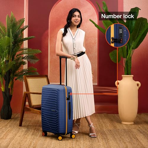 Image of Nasher Miles Cairo Hard-Sided Polypropylene Check-in Luggage 24 inch | 65cm | 8 Wheels Medium Trolley Bag for Travel | Suitcase (Navy Blue & Yellow)