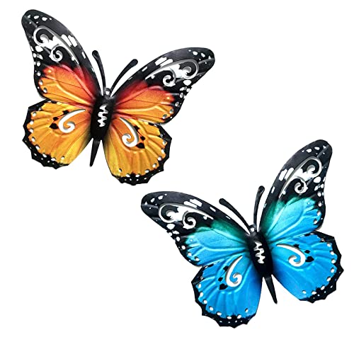 TGAHTMI Garden Butterfly Decor 2 Pcs Metal Butterfly Wall Art Decorations Fence Decoration Outdoor Indoor Hanging Decor for Home Yard, Fence, Garden, Sheds, Living Room