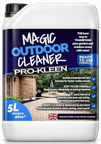 Pro-Kleen Magic Outdoor Cleaner 5L Black Spot Remover Spray and Leave Cleaner - Removes Stains Marks & Lichen For Patios Driveways Indian Sandstone Block Paving and more - Easy to Use Liquid