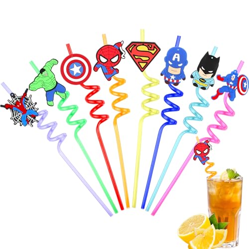 Lot de 16 pailles super héros pour enfants, décoration d'anniversaire, pailles réutilisables, en plastique, pour décoration d'anniversaire, décoration de fête