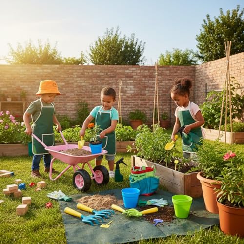 Image of Pink Wheelbarrow for Kids with 12 PCS Toddler Gardening Tool Set(Pink Set) | Apron,Gloves,Hat,Flower Pot,Bag,Label,Watering Sprayer,Pointed Shovel,Square Shovel,Rake