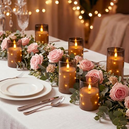 Image of Amagic Grey Battery Operated Candles with Embedded Fairy Lights, Acrylic Fake Pillar LED Flameless Candles with Remote and Timer for Wedding Home Decor, Set of 6, D3 x H4 5 inch 6 inch