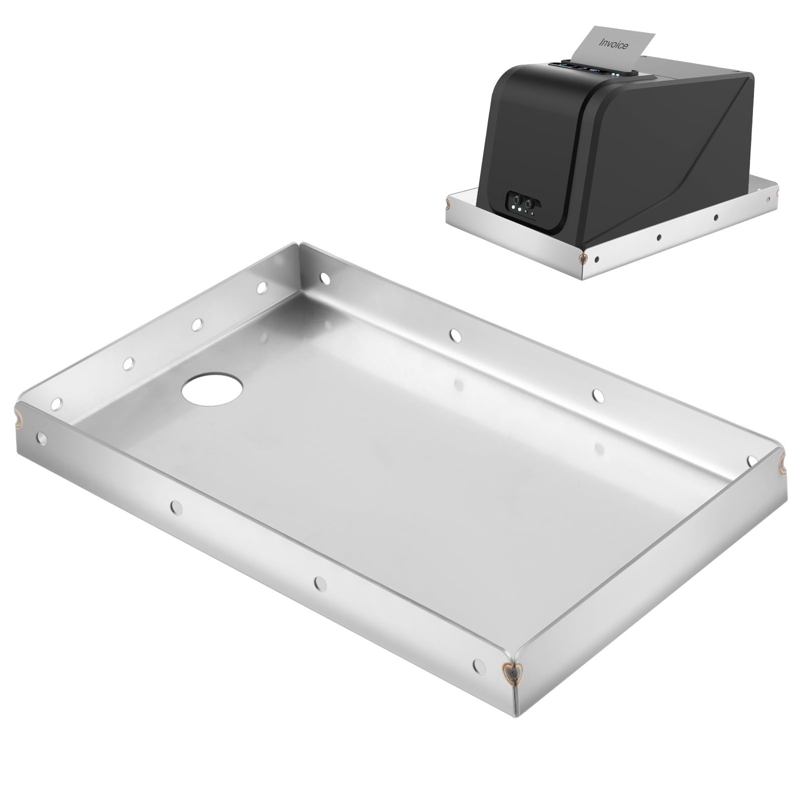 Shimeyao 304 Stainless Steel Printer Tray POS KDS Thermal Receipt 10.24 x 6.5 Inch POS Printers Shelf Thermal Printer Stand Mounts to Wall or Shelf Edge, Silver, 4 Mounting Holes Each Side(1 Pack)