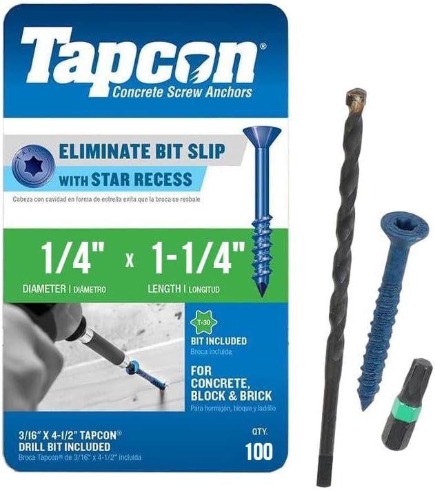 Tapcon 1/4" x 1-1/4" Star Torx Head Concrete Anchor Screws 3183407V2 | 100 Pack | Drill Bit Included