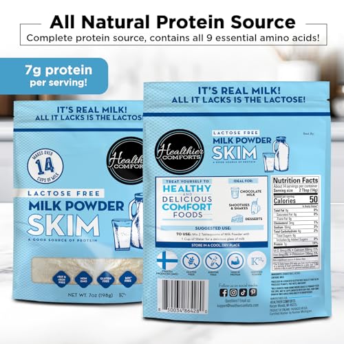 Healthier Comforts Lactose Free Skim Milk Powder | High Protein, Fat Free, Non-GMO, rBST Hormone Free, Kosher, Gluten Free, No Fillers | Baking, Coffee Creamer, Shakes| Makes 14 cups (7 oz) (7 oz)