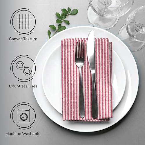 Image of Encasa XO Dining Table Napkins Set of 6, 45x45 cm | Machine Washable Reusable, Recycled Cotton Cloth Napkin, Soft & Absorbent, Table Decor for Hotels, Farmhouse - White & Ticking Red